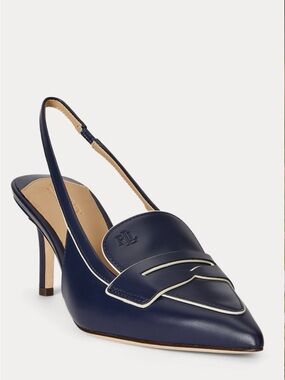 Lauren Ralph Lauren Navy Leather Pointed-Toe Slingback Heel with White Trim